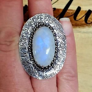 New Rainbow Moonstone 925 Silver Statement Ring.
